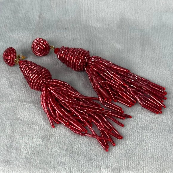 Beaded Red Tassel Pierced Earrings Statement Jewelry Gold Tone Back Vibrant Boho - Picture 2 of 16